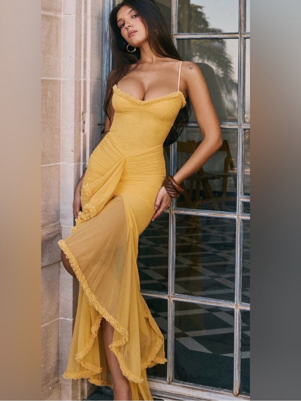 House of CB Gabbi Apricot Ruffled Front Gown